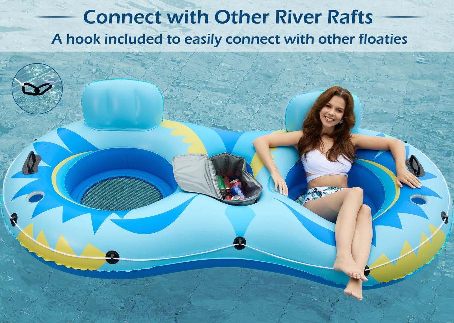Jasonwell Inflatable River Tube Float - 2 Person Heavy Duty Pool Float, X-Large, Vinyl, Skyblue with Removable Cooler & 2 Cup Holders