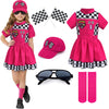 G.C 8Pcs Kids Girls Race Car Driver Costume Toddler Racing Suit Rose Red Racer Dress Costumes Accessories Car Cap Knee Socks Sunglasses Flags Halloween Dress Up Clothes (S(6-8Y))
