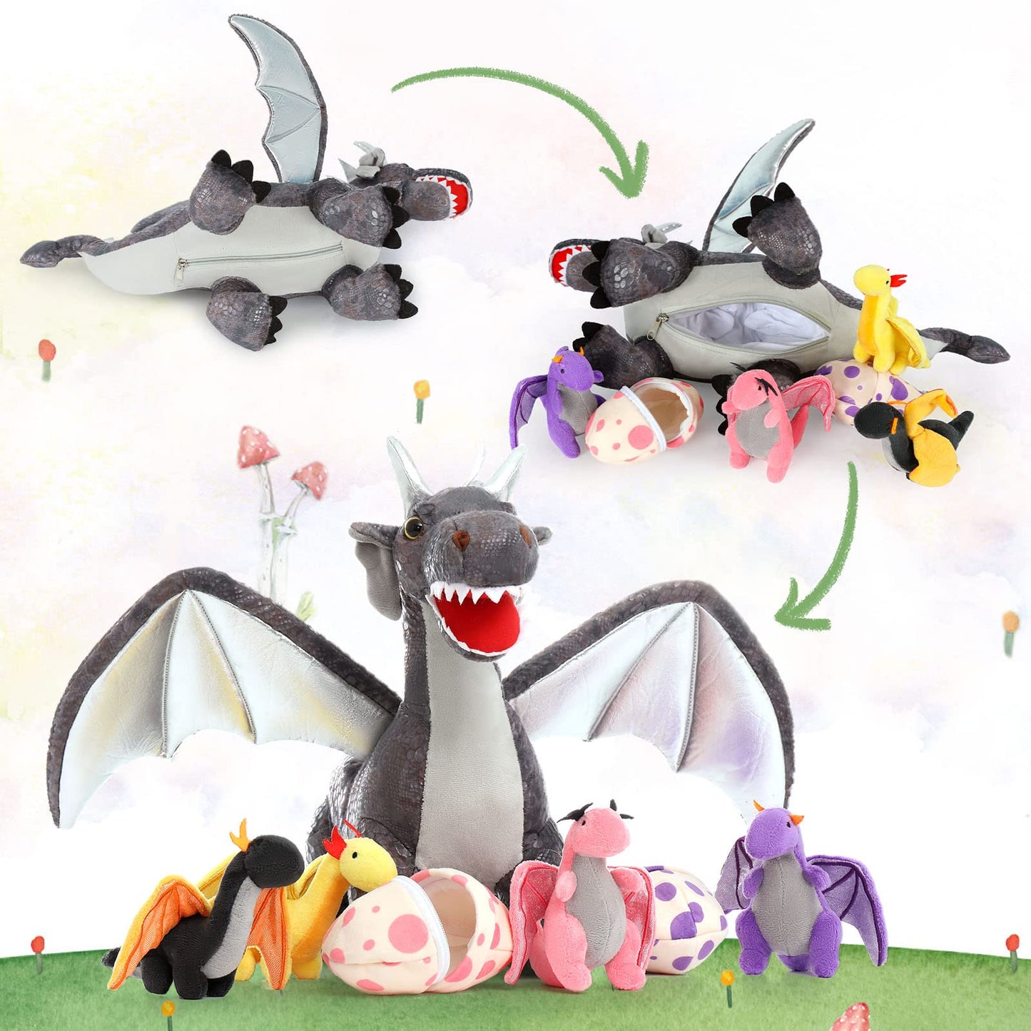 Muiteiur Large Dragon Stuffed Animal Set,21.6 Inch Mommy Dragon With 4 Baby Dragon Plush 2 Eggs,Soft Dragon Plush Toy Gift For Kids Boys Girls