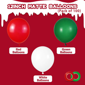 100 Pcs Christmas Red Green Balloons 12 Inch Red Green And White Latex Balloons With 65Ft Ribbon For Christmas Birthday Baby Sho