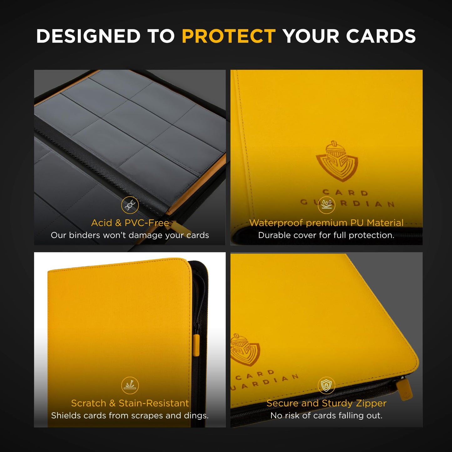 Card Guardian - 9 Pocket Premium Black Binder With Zipper For 360 Cards - Side Loading Pockets For Trading Card Games Tcg (Yello