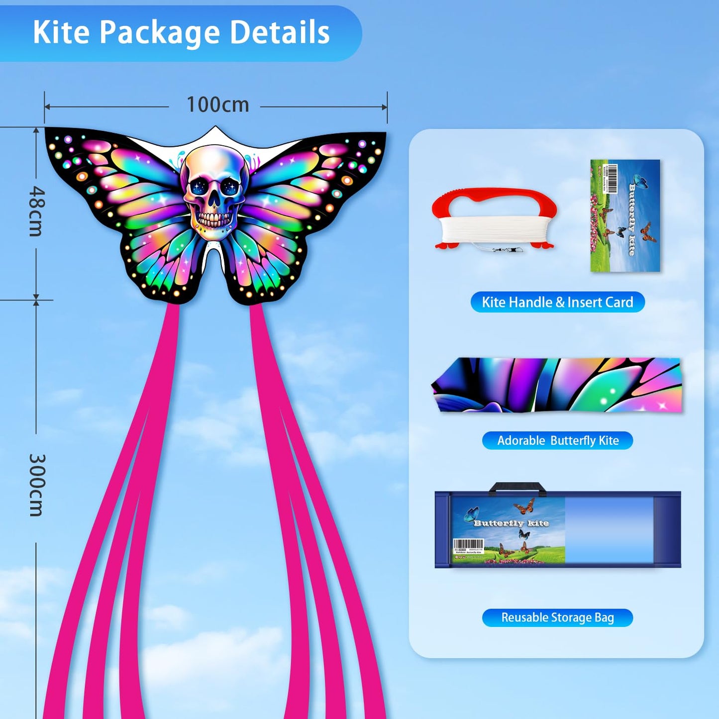 2 Pack Kids Kites - Small Butterfly & Skull Designs, Easy To Fly Kites For Ages 8-12, Beach & Park Outdoor Activities, Perfect E