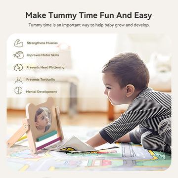 Ieatfo Rotating Baby Safe Mirror With 120 Pages Visual Stimulation Cards - Wooden Tummy Time Mirror Toys - Black White Red And C