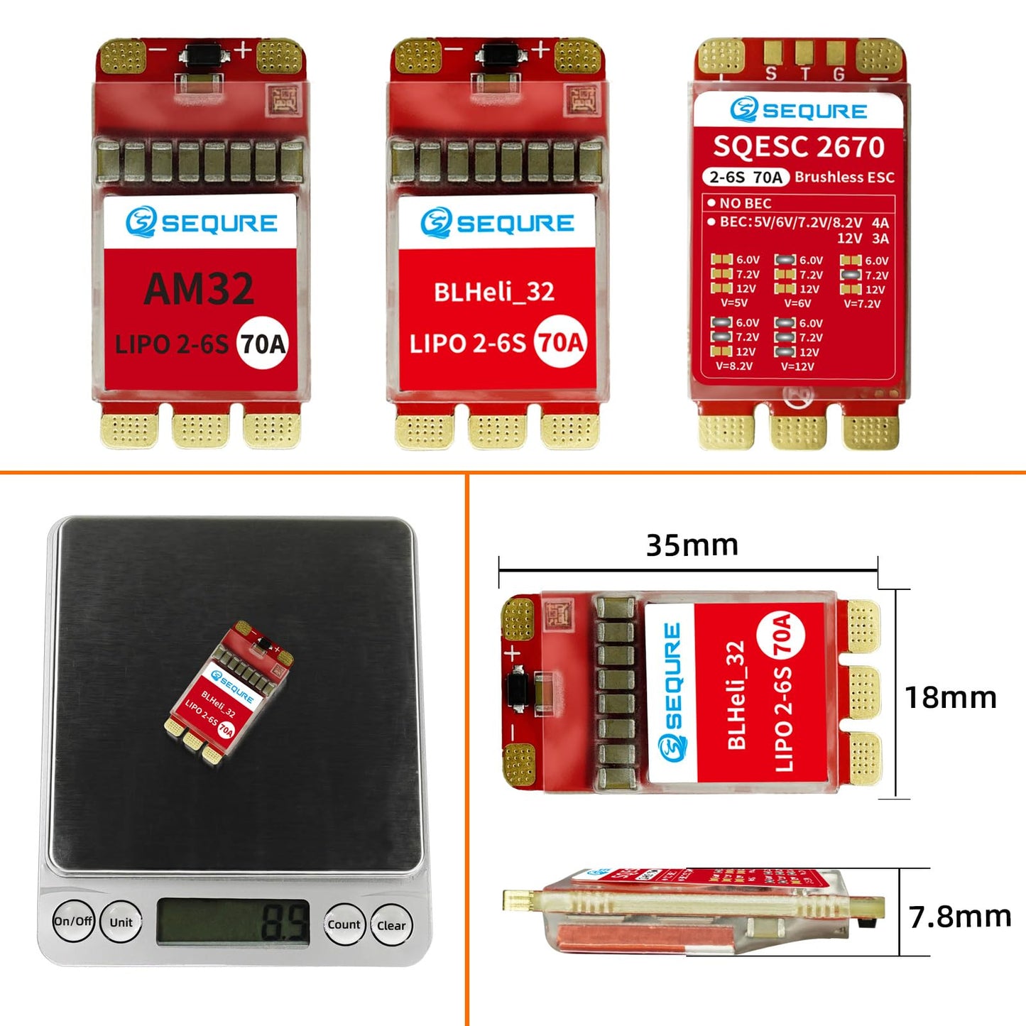 SEQURE 2670 Brushless ESC,70A RC Motor Electric Speed Controller, AM32 ESC 2-6S Lipo for FPV Drones, Airplanes, Car/Boat Models