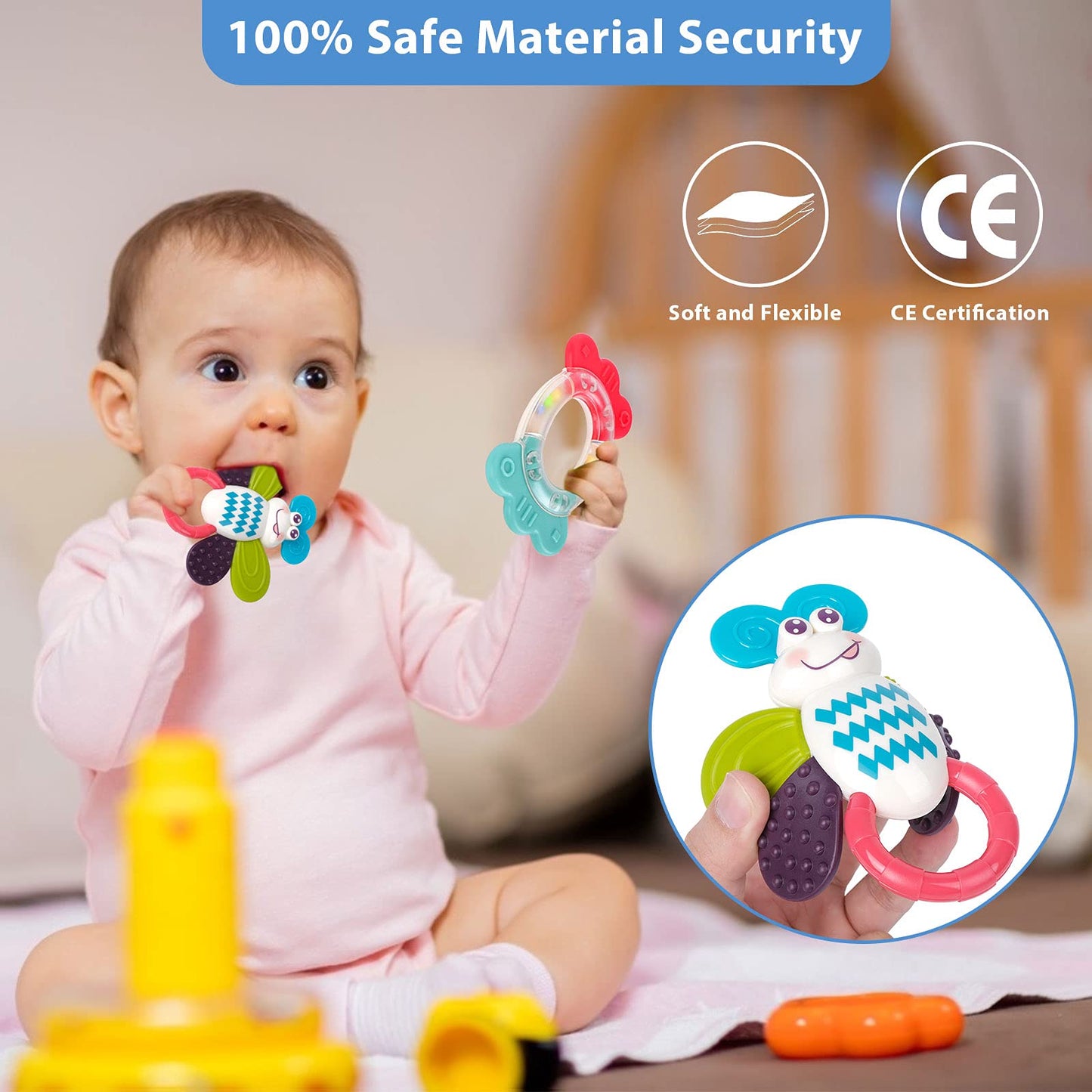 DAMEING Baby Rattle Teething Toys, Infant Sensory Teethers, Musical Shaker Grab and Spin Early Educational Toys for 0-12 Months