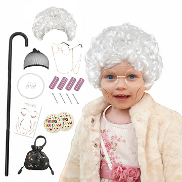 Lfdavp Old Lady Costume Wig For Girls, 100Th Day Of School Kids Granny Wigs 20Pcs (White)