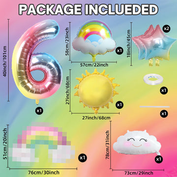 6Th Birthday Decorations Girl, 6Th Rainbow Birthday Balloons Set With Sun Rainbow Gradient Stars And 40 Inch Number 6 Foil Ballo