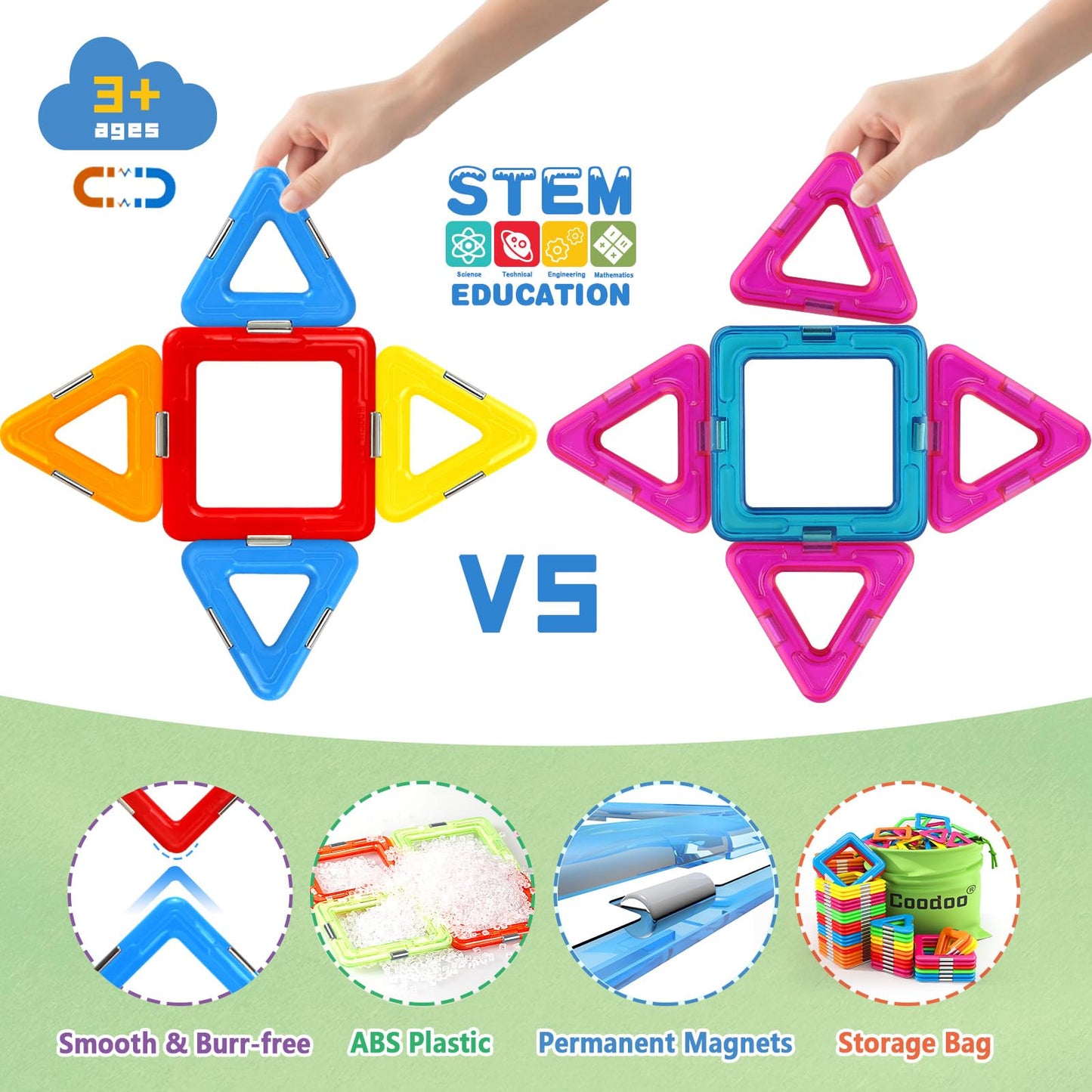 Coodoo Magnetic Tiles Building Set with 2 Cars - STEM Educational Toys for 3-8+ Year Old Boys & Girls - Multicolor Magnetic Toys