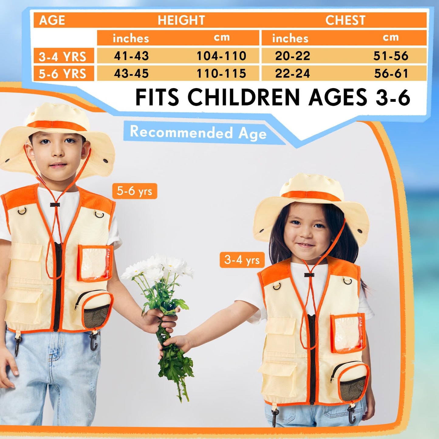 Ramede Kids Safari Explorer Vest And Hat Costume Fishing Adventure Camping Vest For Boy Girls Toddler Outfit(Vivid,Orange)