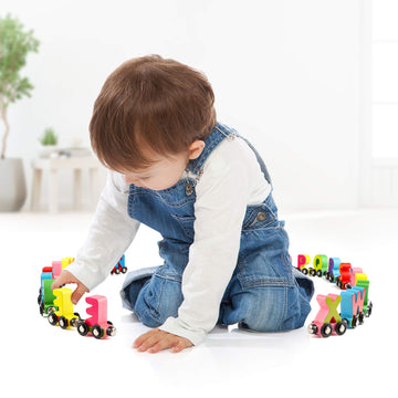 Wondertoys Wooden Alphabet Train Set - 27 PCS Magnetic ABC Letters, Includes 42 Flash Cards, Engine & Storage Box, Multicolor