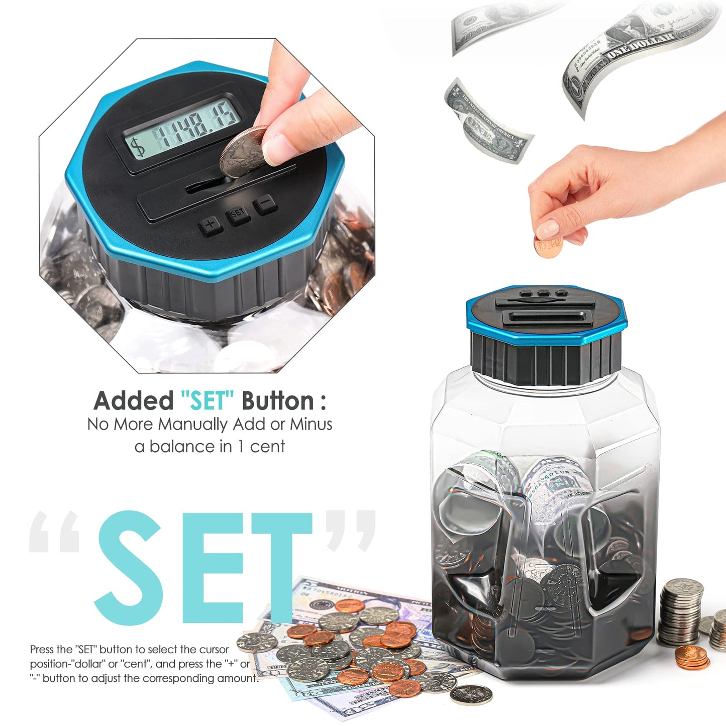 X-Large Piggy Bank For Adults Kids, Vcertcpl Digital Coin Counting Bank With Lcd Counter, 2.4L Capacity, Great Coin Counter Bank Money Counting Jar With Total Amount Displayed (G Gray, X-Large)
