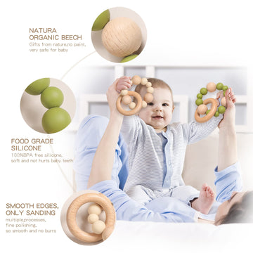 Promise Babe Silicone & Beech Baby Teether Retro Color Bracelet 2Pc Set Wooden Nursing Bracelet
