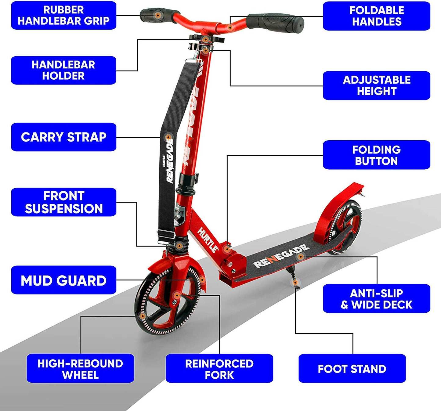 Hurtle Scooter - Scooter for Teenager - Kick Scooter - 2 Wheel Scooter with Adjustable T-Bar Handlebar - Folding mature-themed Kick Scooter with Alloy Anti-Slip Deck -Scooter with 8 Smooth Gliding Wheels Red