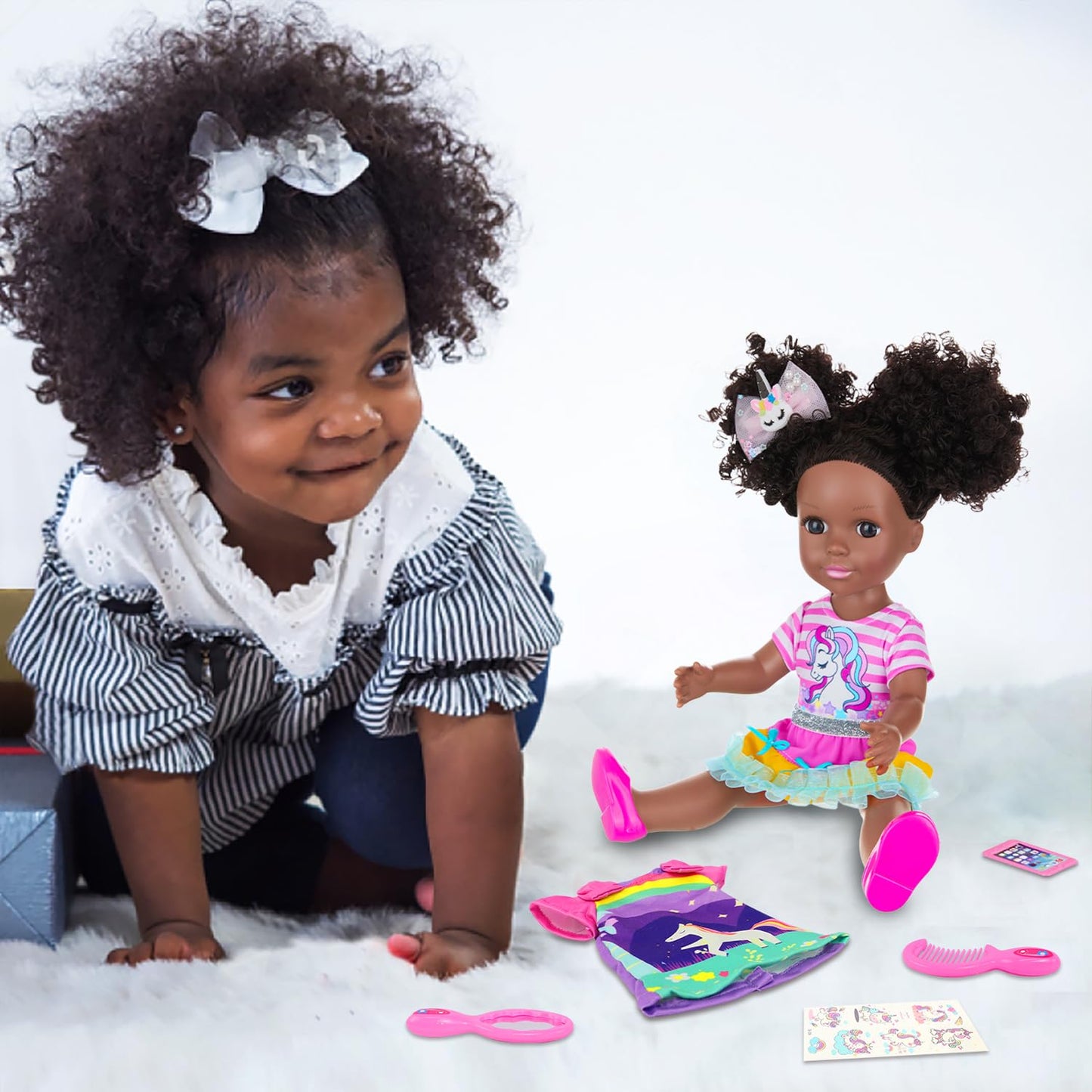 Ecore Fun 14 Inch Black Doll with Black Baby Doll Clothes Accessories - Including Dress Top Skirt Shoes Comb Mirror Hairclip Phone & Stickers - African Realistic Silicone Girl Dolls for Girls