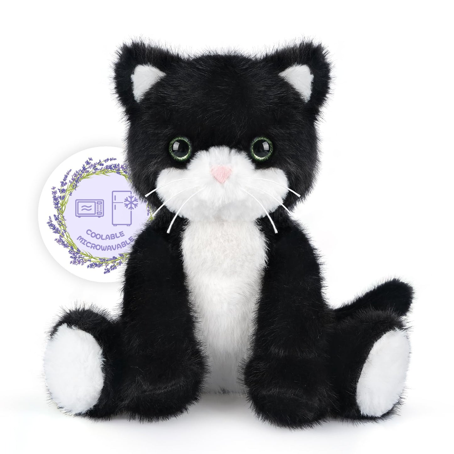 SuzziPals Heatable & Coolable Black and White Cat Stuffed Animal, Cat Heating Pad Microwavable for Soothing & Relaxation, Lavend