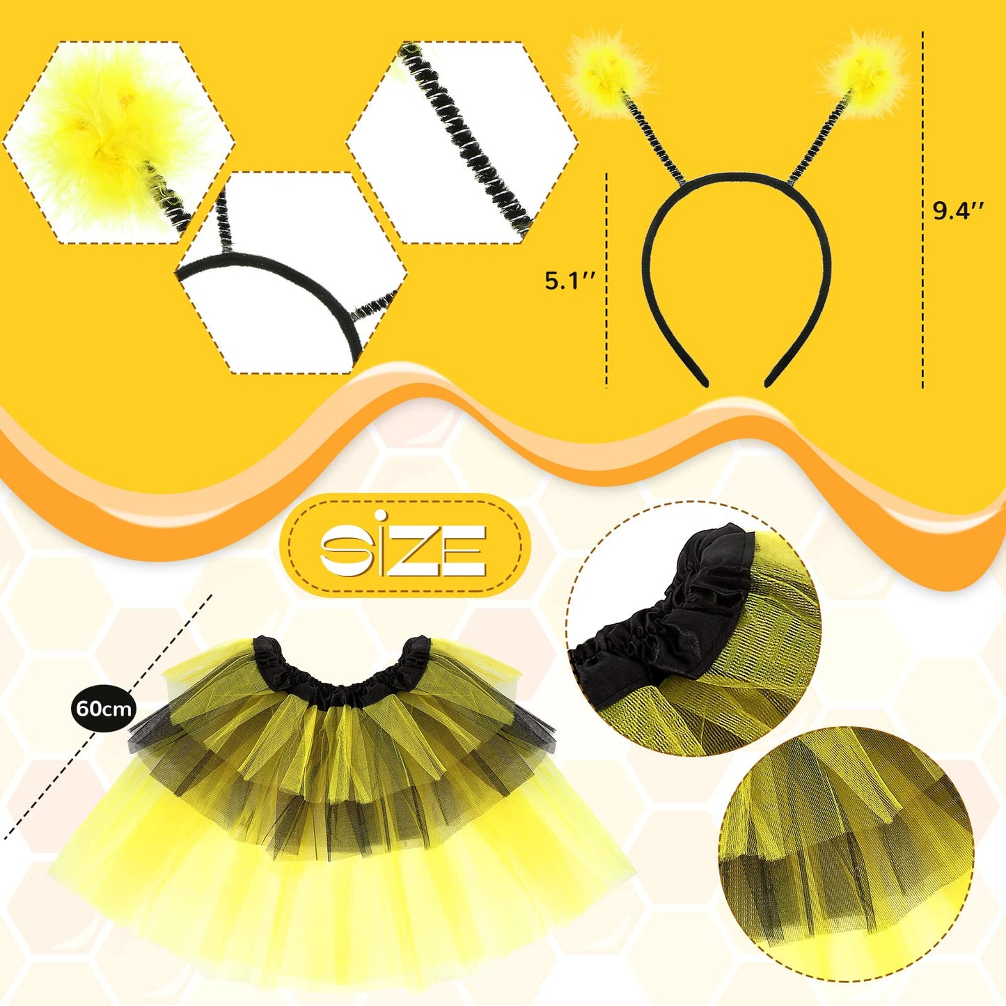 Satinior Bee Costume Kit For Women Tutu Skirt Bee Wings Headband Striped High Leg Warmers For Halloween Cosplay Party (40 Cm/ 15.75 Inches)