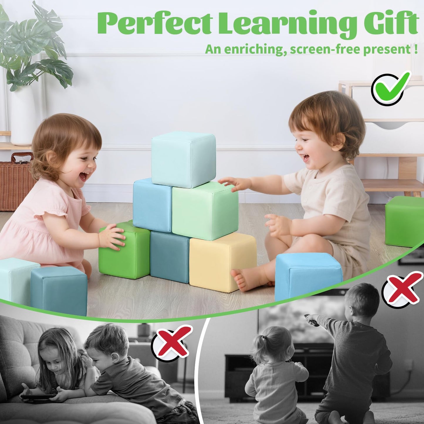 TODIBY Foam Building Blocks for Toddlers - 12-Piece Wipeable Leather Stacking Cubes, 6 inches, Yellow Green, Model PPQZ-HM-065