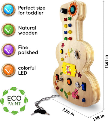 Wooden Montessori Musical Busy Board For Toddlers For 3-5 Year-Old With Mechanical Turner, Colorful Bulbs, Switches, Buttons - E
