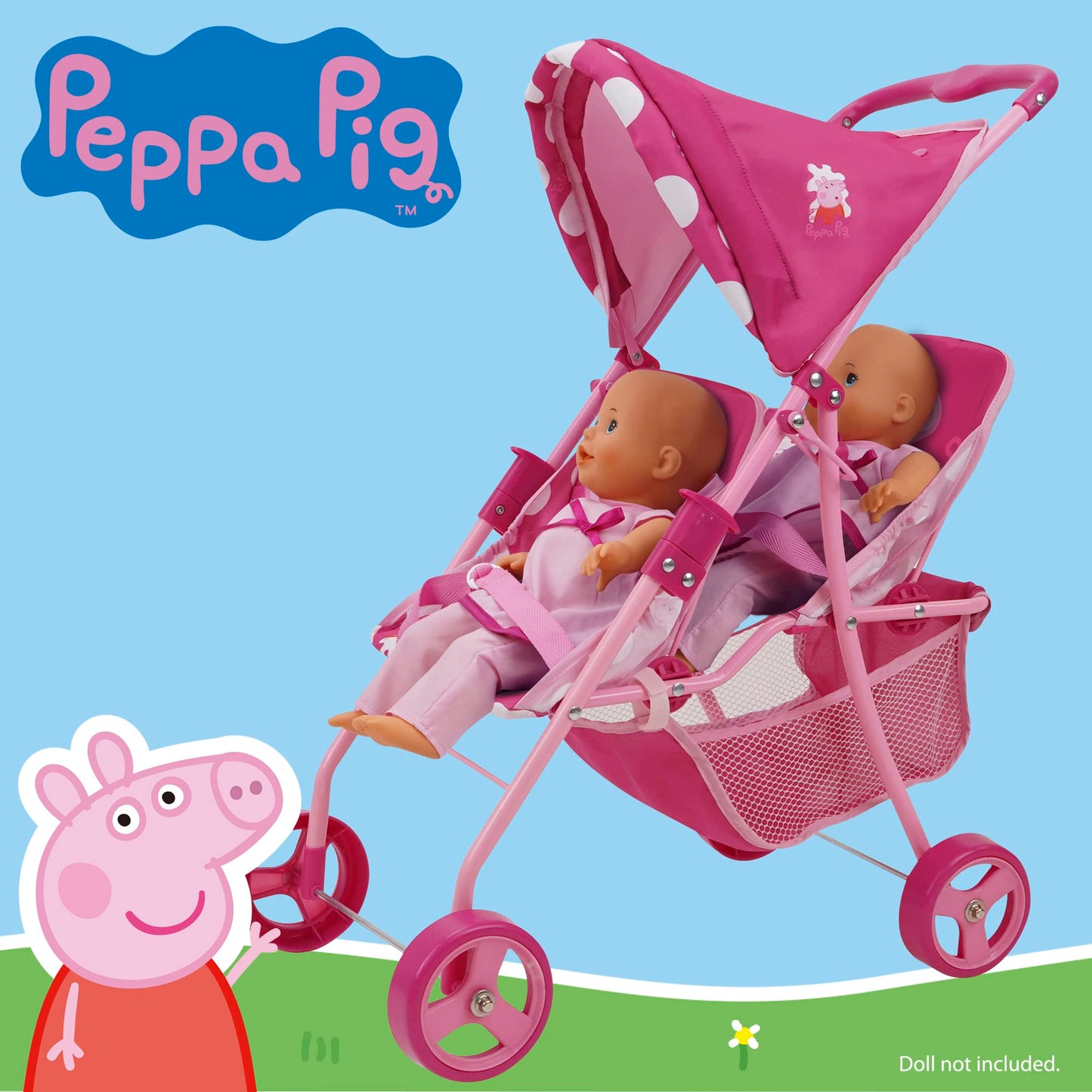 Peppa Pig: Doll Twin Stroller - Pink & White Dots - Fits Dolls Up To 24, Retractable Canopy, Easy to Fold for Storage & Travel,