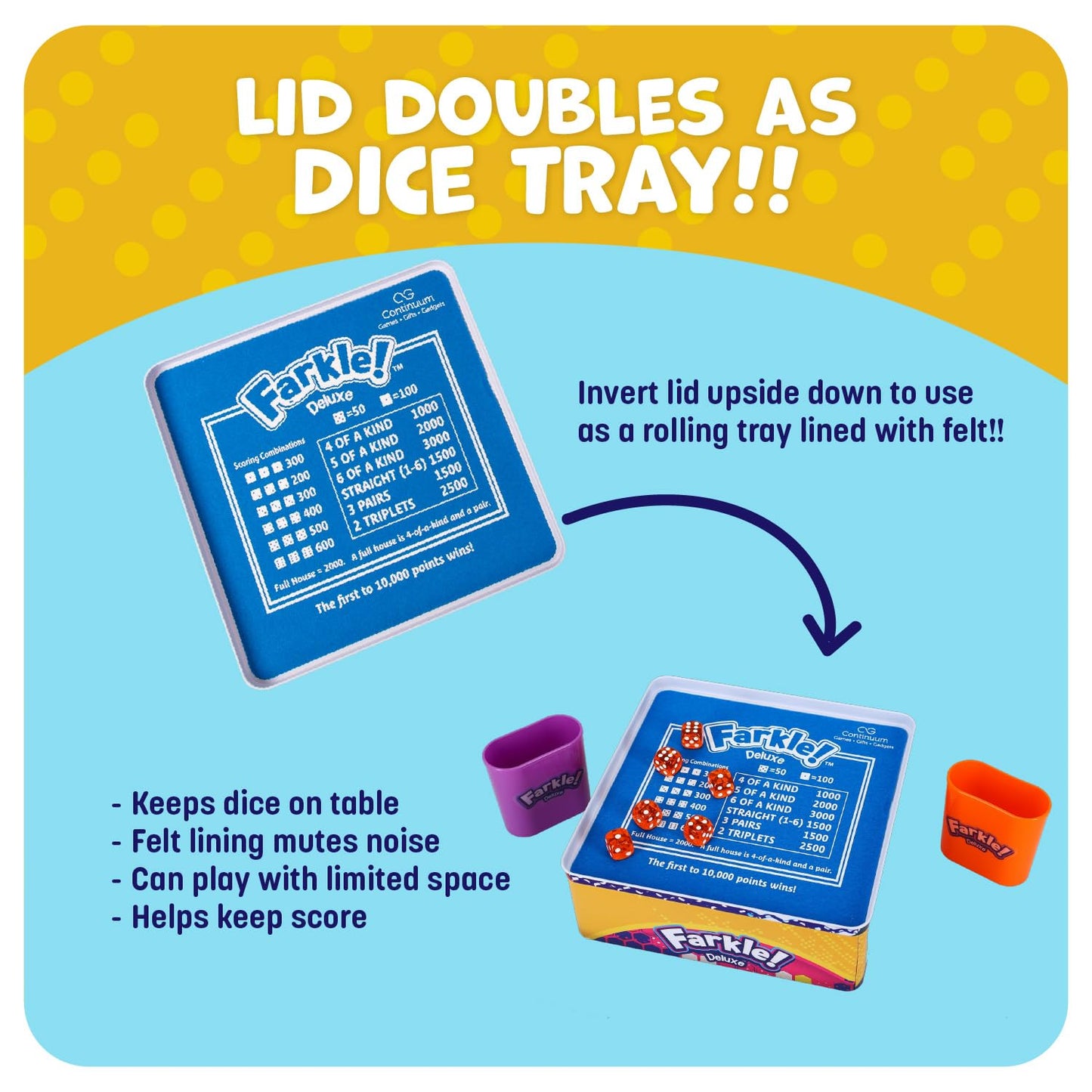 Continuum Games Farkle Deluxe Dice Game Set - 36 Colorful Dice, 6 Rolling Cups, Tray, Score Sheets - Multicolor, Model CG0384