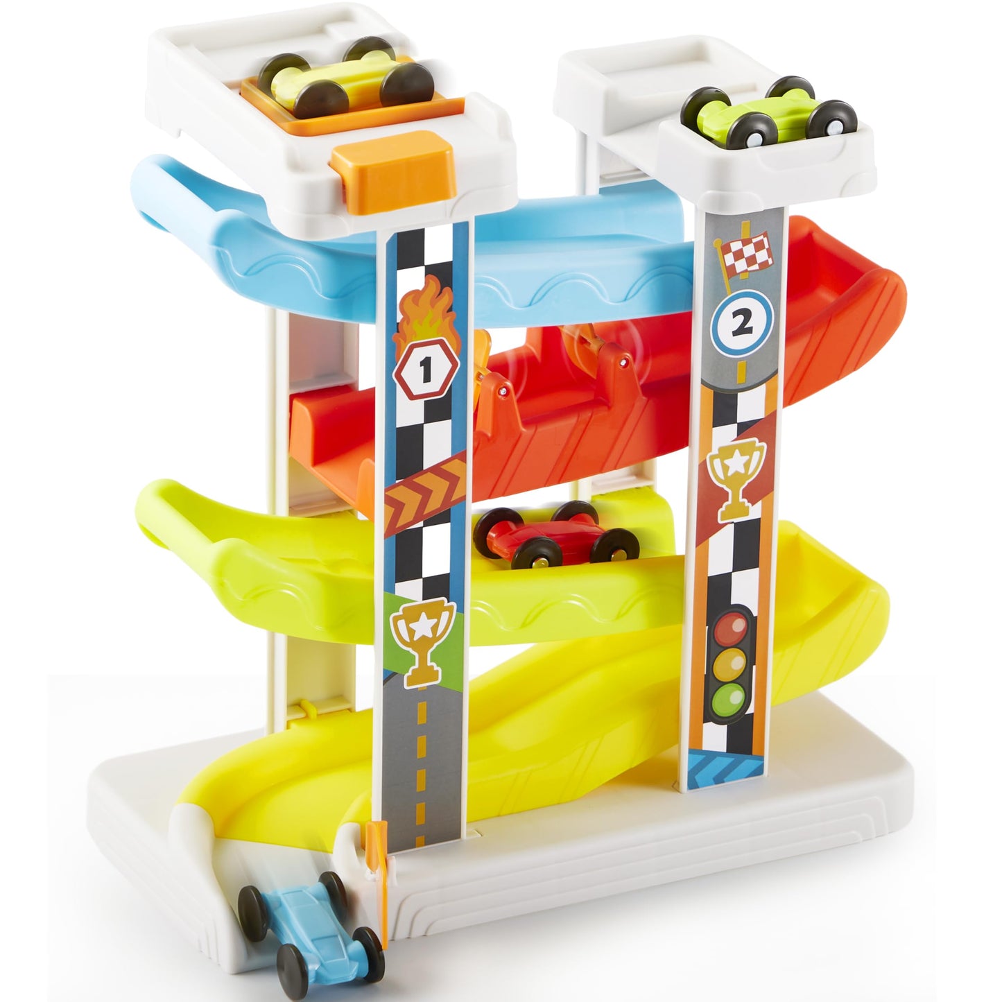 Toddler Toy For Babies Age 18M+, 4-Layer Car Ramp Race Track With 4 Cars, Multiple Parking Spaces And Button Trigger Start, Birt