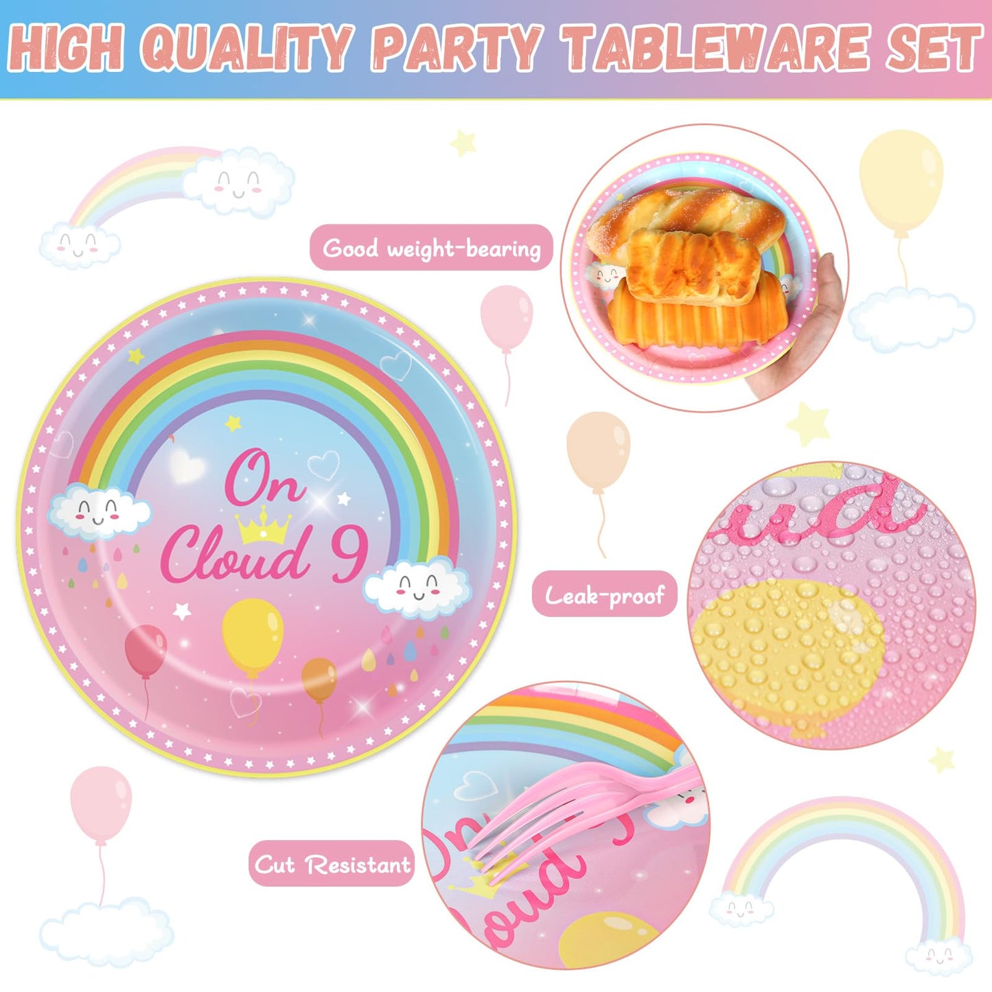 96 Pcs On Cloud 9 Birthday Decorations For Girls On Cloud 9 Party Plates And Napkins Supplies 9Th Birthdaytableware Set Rainbow