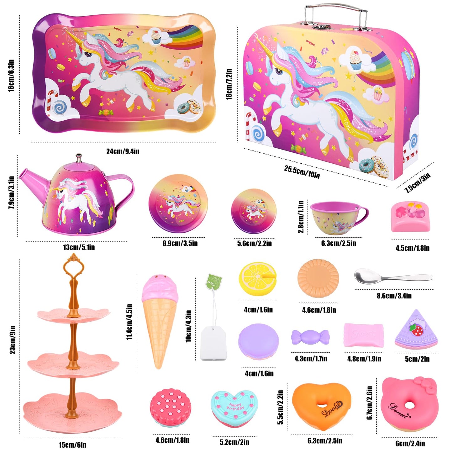 Auney 45PCS Tea Party Set Toys for Girls, Tin Unicorn Tea Set Pretend Play Toy Gifts for Little Girls Age 3-6, Kids Girls Toys G