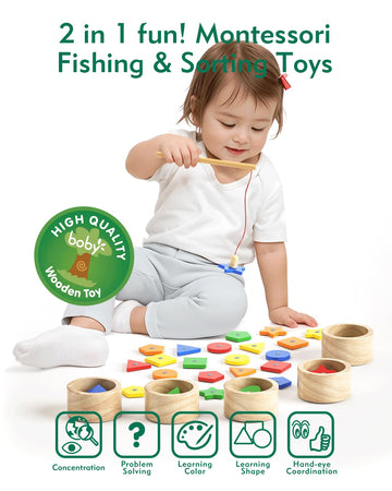 Boby Montessori Toy 2-In-1 Wooden Sorting Cup&Magnetic Fishing Game-Educational Puzzle Toy For Toddlers 1-4 Year Old,Colors Shapes Sorting&Matching Games For Toddlers Developmental Toys
