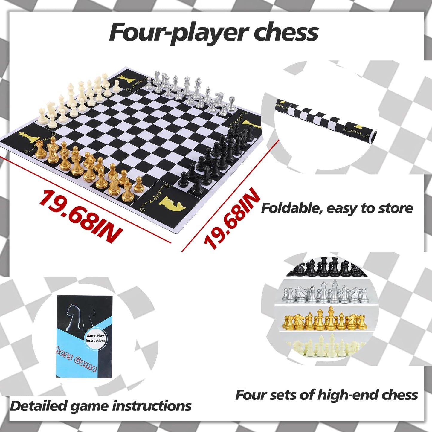 Jyquorp 4-Player Chess Board Game Set - Unique Mouse Pad Material with 4 Sets of Chess Pieces for 2-4 Players