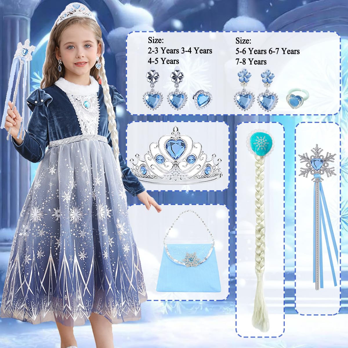 Luzlen Girls Elsa Costume Snow Princess Dress Up Blue Halloween Party Cosplay Outfits With Accessories, 4-5T(Tag 120)