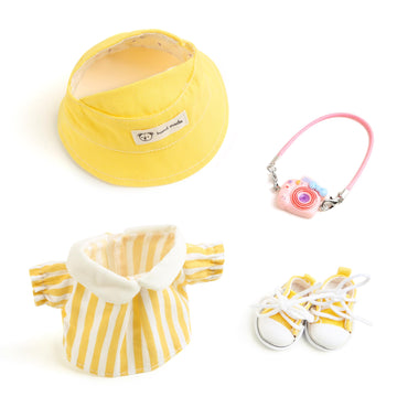 17cm Doll Clothes for Labubu - Kawaii Clown Style Set - Doll's Hat & Doll's Clothing & Doll's Shoes & Camera Cute Doll Outfit with Accessories for Display Collectors Gift - Yellow (NO Dolls)