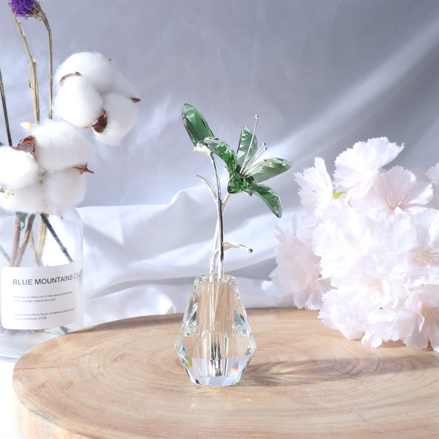Movdyka Crystal Lily Flower Figurine With Stems, Handmade Collectible Statue For Decoration Mothers Day, Centerpiece, Valentines Day, Bridal Shower Gift Green