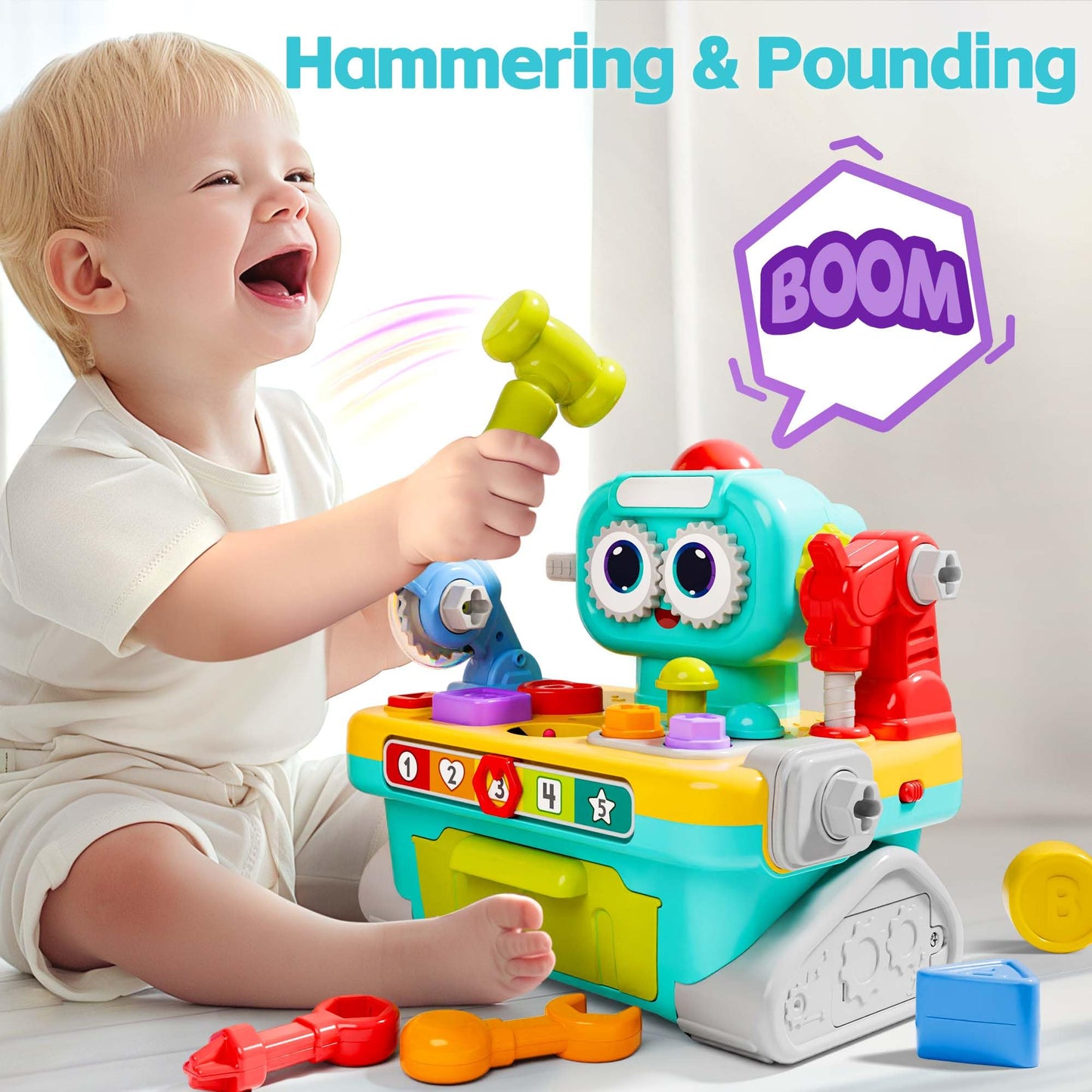 iPlay, iLearn Toddler Musical Workbench - Pretend Play Tool Set, Shape Sorter & Pounding Game for 1-3 Year Old Boys & Girls, Multicolored