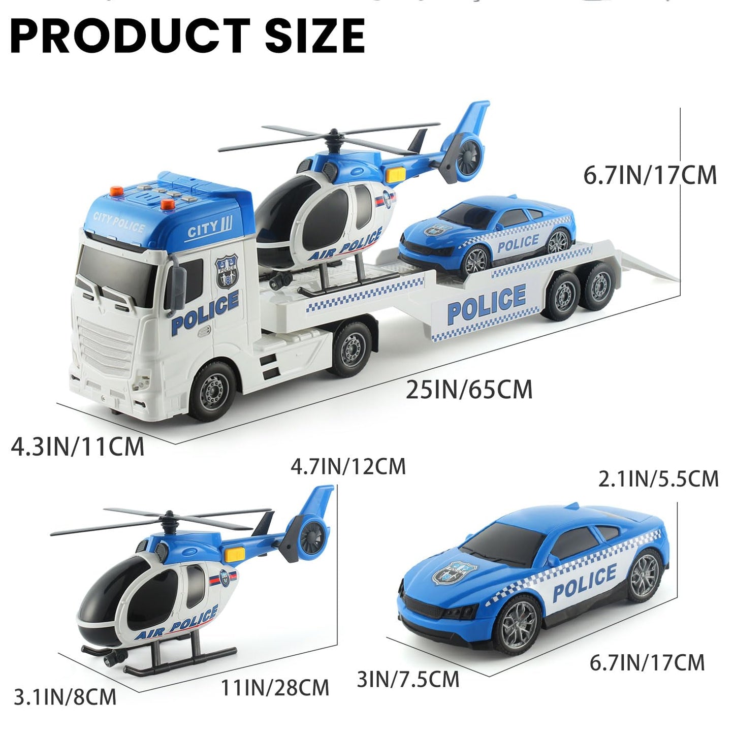 Csdcsd 25.6'' Large Police Car Toy And Semi Truck Toy With Racing Car And Helicopter - Police Toys,Birthday Gifts For Kids Child