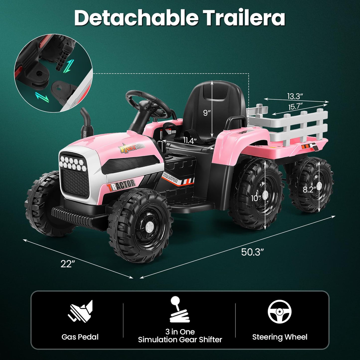 Hikole Ride on Tractor with Trailer, Kids Electric Tractor with Remote Control, Detachable Trailer, 11-LED Headlights, 30W Dual