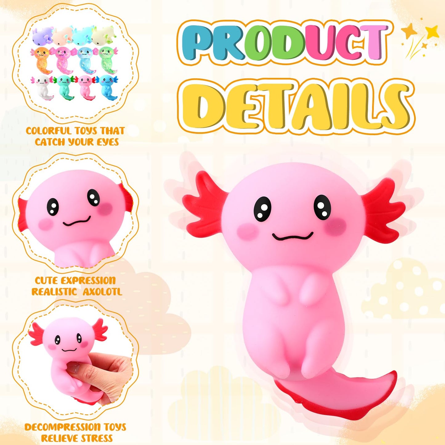 Meooeck 12 Pack Stress Relief Axolotl Toys Stress Glitter Axolotl Starfish Sugar Balls Relaxing Sensory Fidget Toy Relieve Anxie