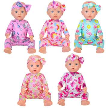 Ecore Fun 5 Sets Baby Doll Clothes And Headbands Baby Doll Accessories Set For 14 -16 Inch Doll, Total 10 Pcs Cute Pattern Jumpsuit Doll Clothes And Accessories For 15 Inch Baby Dolls 18 Inch Dolls