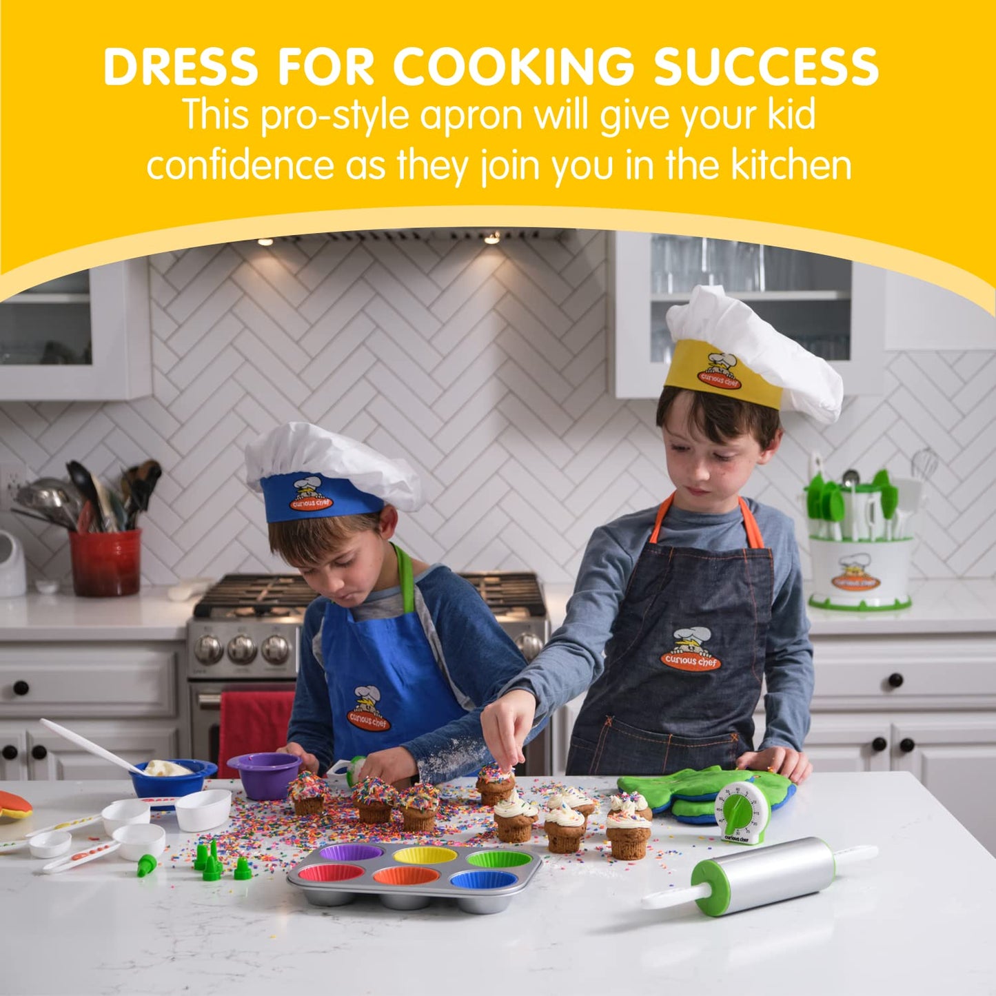 Curious Chef 11-Piece Denim Chef'S Kit For Kids, Includes Real Cooking And Baking Tools - Cotton Apron, Whisk, Spatula, Mixing S