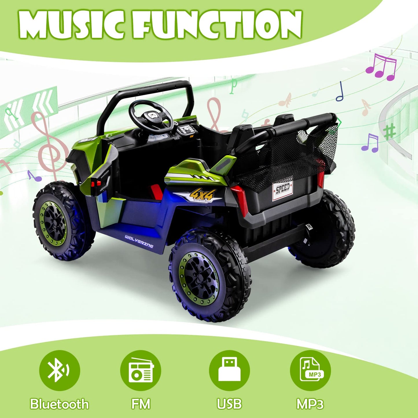Olakids 2 Seater Ride On Car For Kids, 12V Utv Kids' Electric Vehicles With Remote Control, Spring Suspension, Soft Start, Music Bluetooth Fm, Battery Powered For Ages 3-8 (Green)
