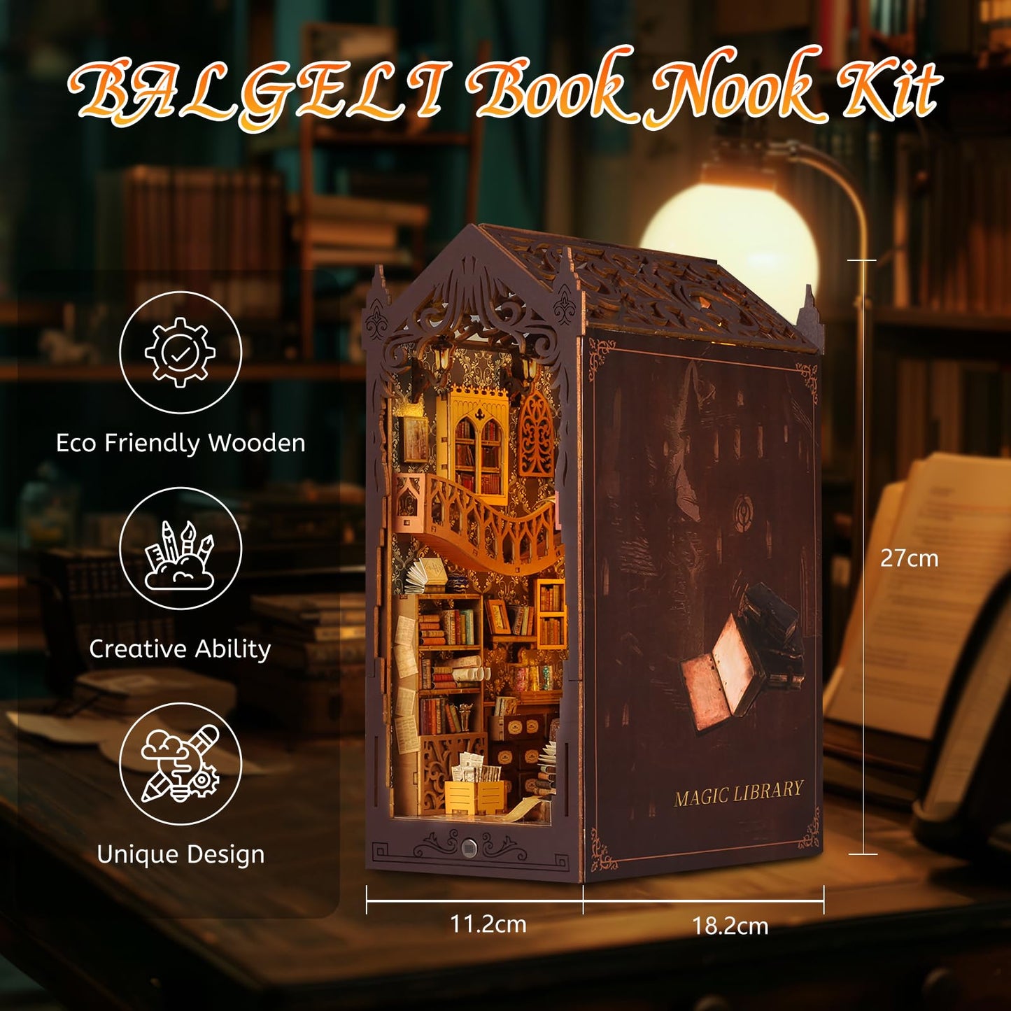 Diy Book Nook Kit, Dollhouse Wooden Mini House Kit, 3D Wooden Puzzle Book Nook Kit With Sensor Led Lights, Bookshelf Insert Deco