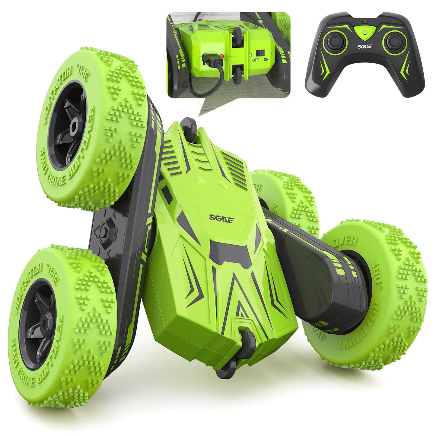 SGILE RC Stunt Car Toy Gift, 4WD Remote Control Car with 2 Sided 360 Rotating Rc Car for Kids Girls Boys Age 6 7 8 12, Green