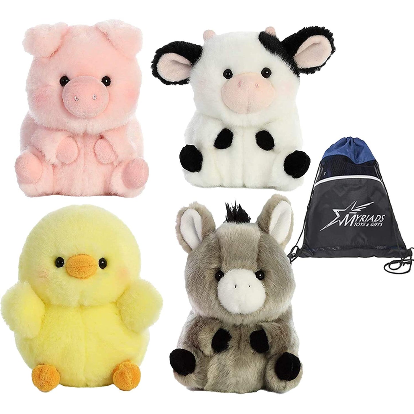 Aurora 5' Plush Rolly Pets Farmyard Plushie 4 Pack: Chickadee Chick, Prankster Pig, Daisy Cow, And Bray Donkey, With Drawstring Bag