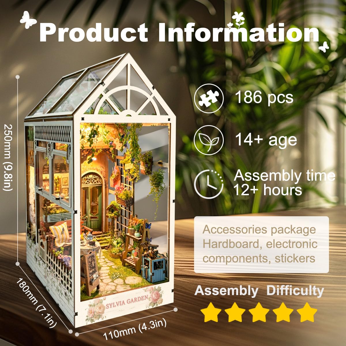 Strucwood Garden Book Nook With Led Lights Diy Miniature House Kit 3D Wooden Puzzle Bookend Booknook Bookshelf Decoration Gift F