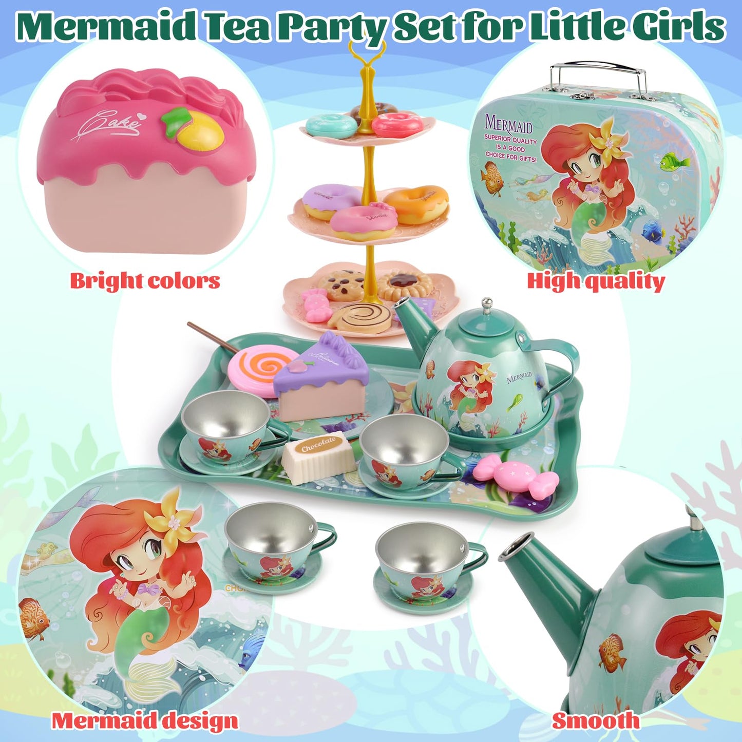 Motiloo 48 Pcs Mermaid Kids Tea Party Set with Carrying Case & Sweet Treats Playset - Pretend Toy Tin Tea Set for Little Girls -