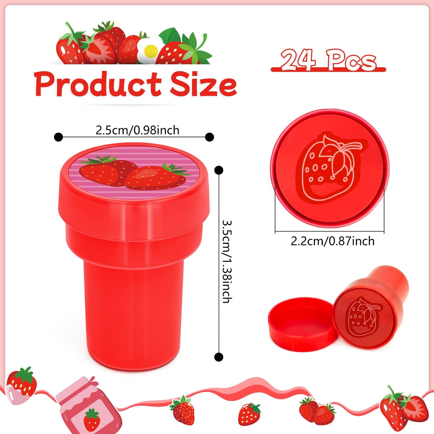 Cinrobiye 24 Pcs Strawberry Stampers for Kids, Cute Fruit Party Favors, Pink Stamps for Birthday Party Supplies, Carnival Prizes