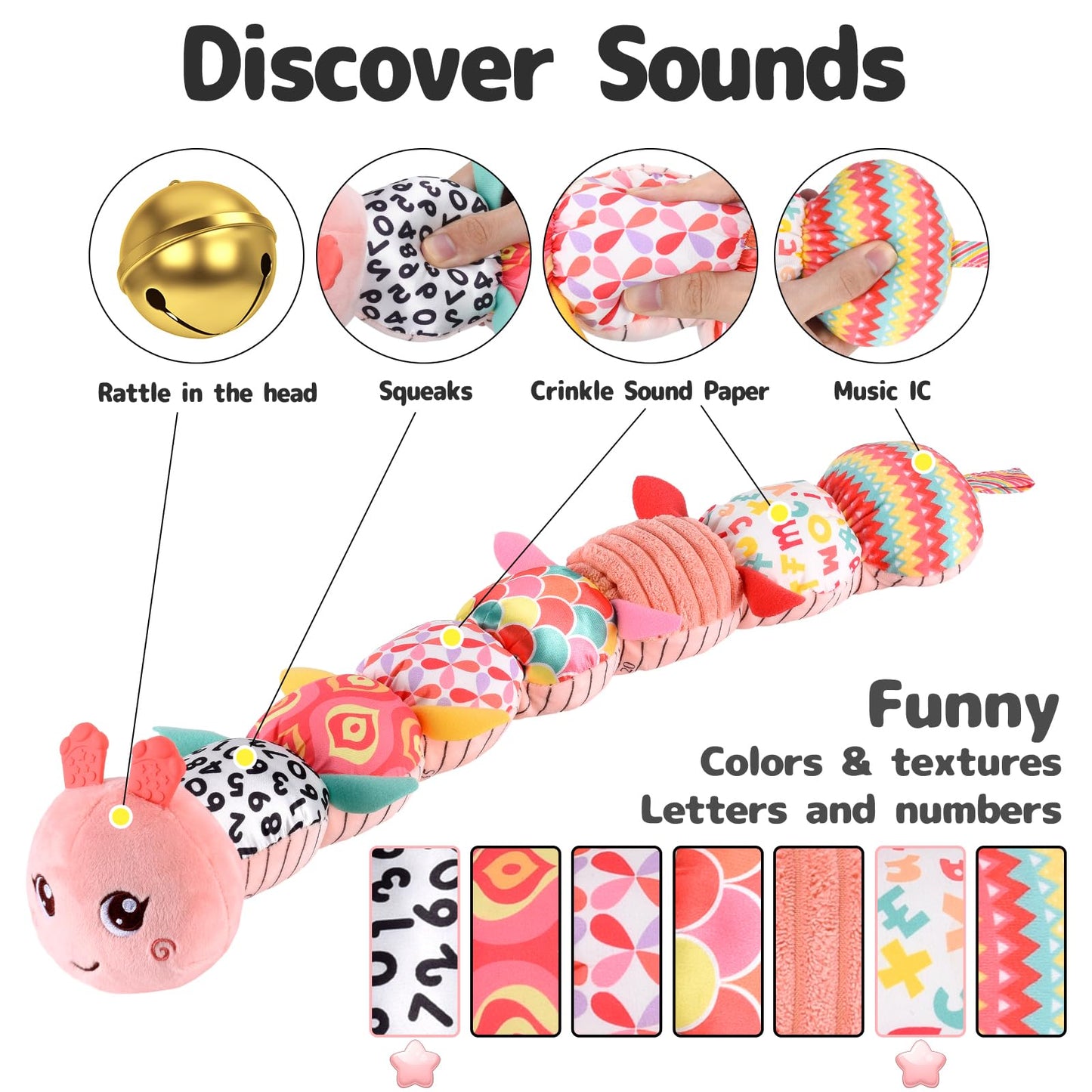Turkids Montessori Infant Baby Musical Stuffed Animal Activity Soft Toys With Multi-Sensory Crinkle, Rattle And Textures For 0-3