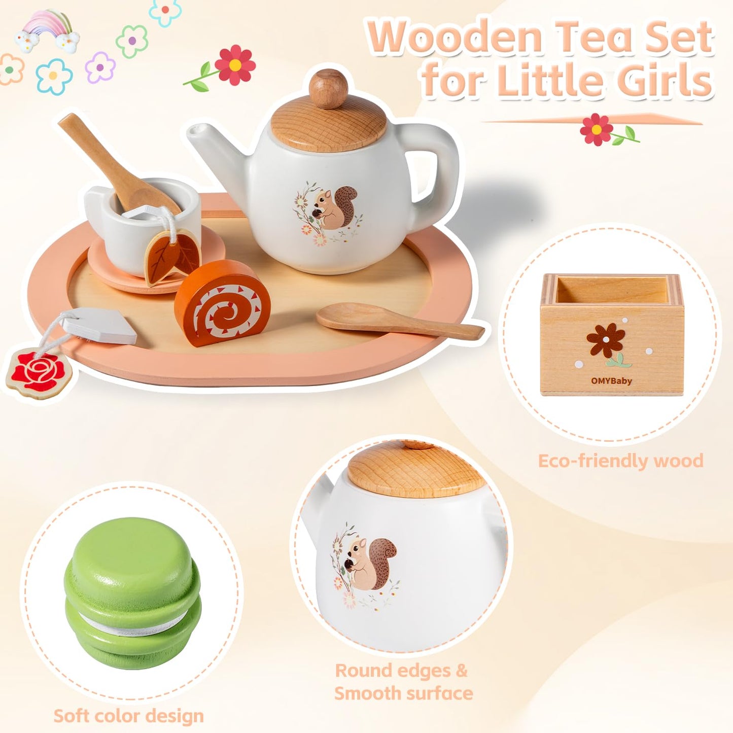 OMYBaby Wooden Tea Set for Little Girls, 19pcs Tea Party Playset with Teapot, Tea Cups, Dessert Stand, Macaroons, Cakes & Tray,