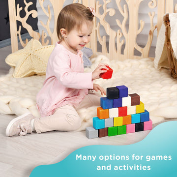 Ulanik Large Colored Cubes Toddler Montessori Toys For 3 Year Old + Kids Wooden Building Blocks Game For Learning Color Sorting