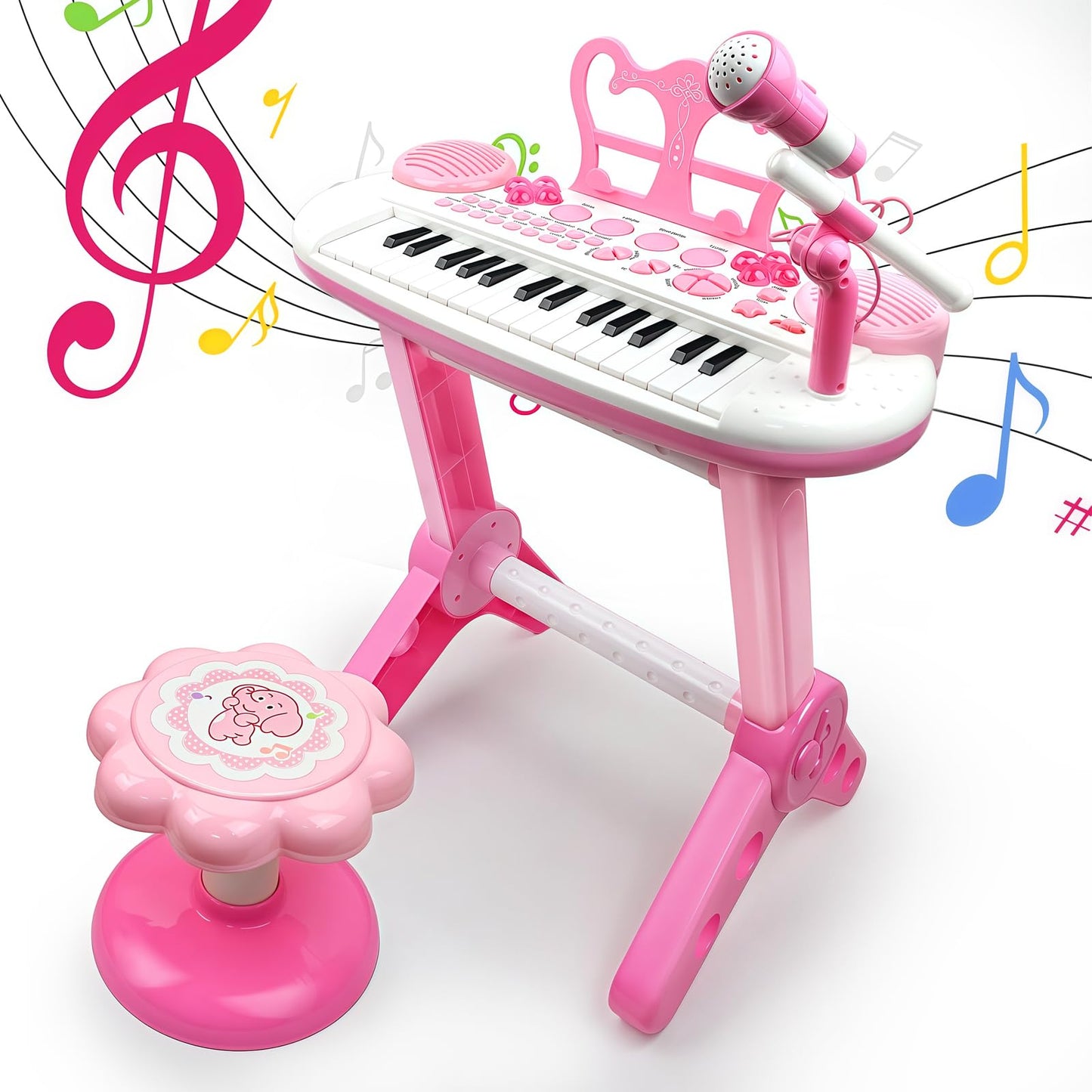 Kids Piano Toy Keyboard With Bench - Rose Pink 31 Keys Portable Electronic Multi-Functional Music Instrument With Microphone And