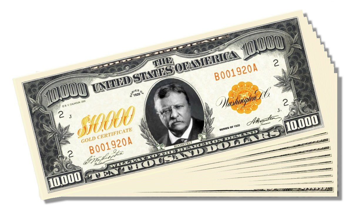 $10,000 Dollar Gold Certificate Novelty $10,000 Bill - 10 Count with Bonus Clear Protector & Christopher Columbus Bill